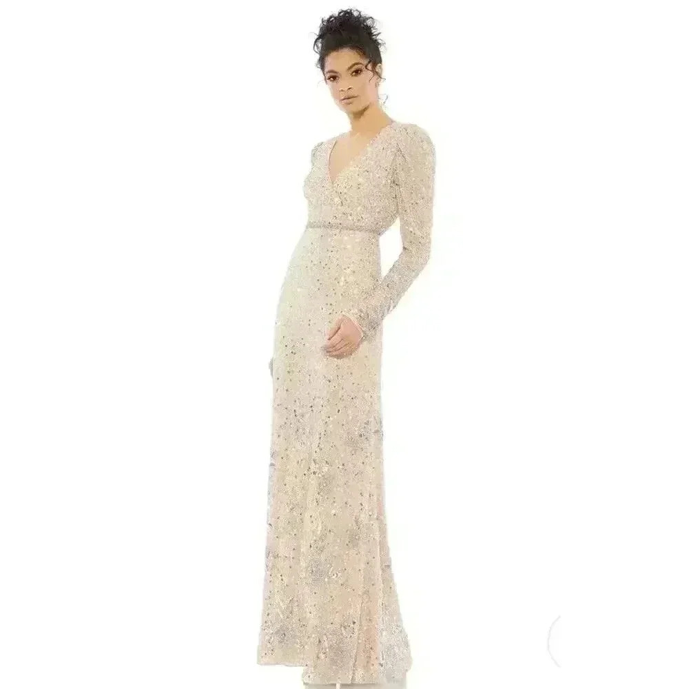 MAC DUGGAL SEQUINED FLORAL EMBELLISHED LONG SLEEVE GOWN 14 Puff Shoulder Dress L